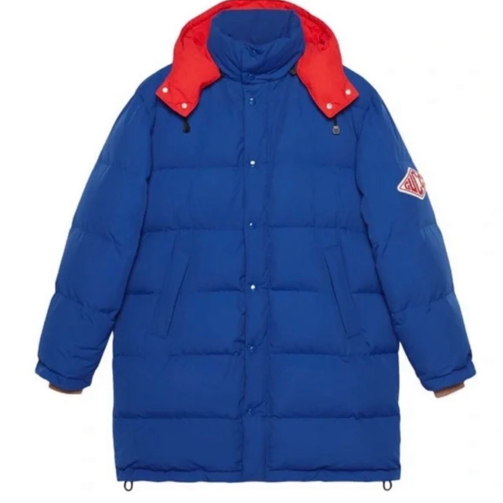 Gucci Logo-Appliquéd Nylon Quilted Down Jacket in blue and red